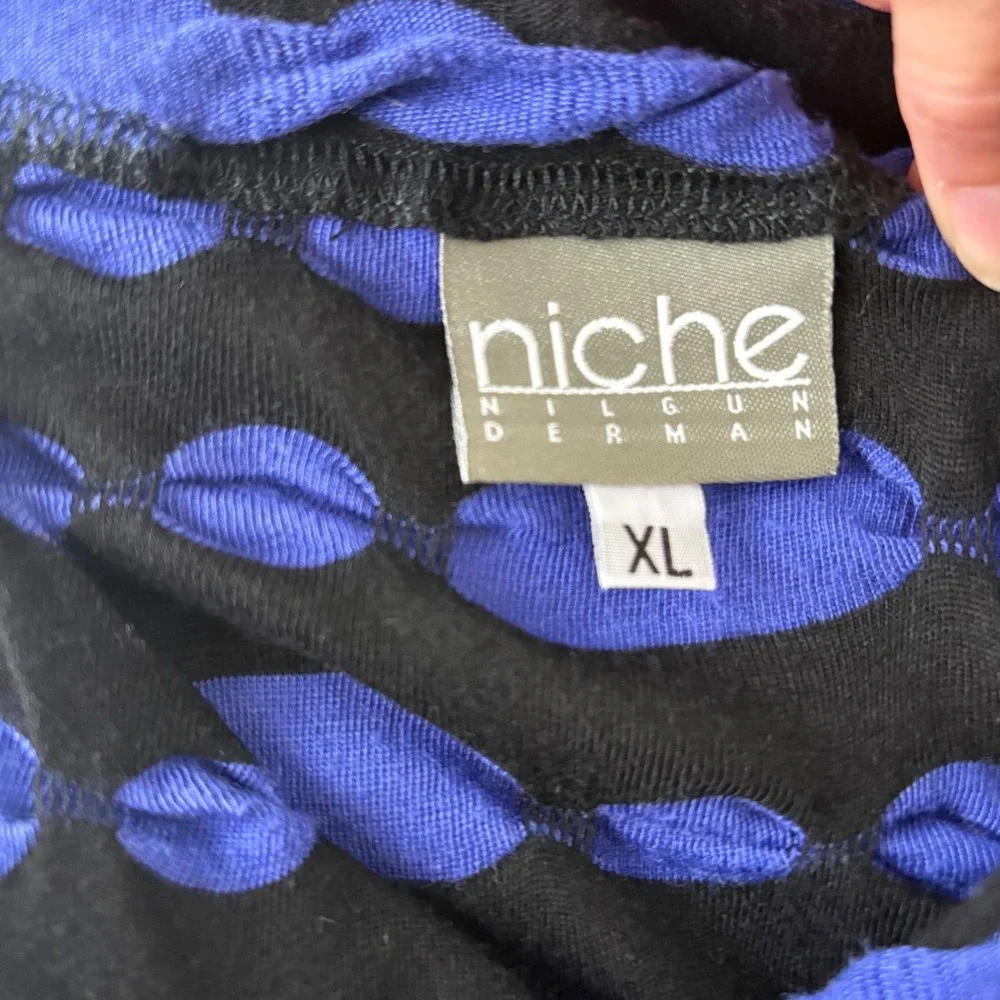 Niche Nilgun Derman Blue Black Textured Stripe‎ Side Tie Tunic Top XL USA Made